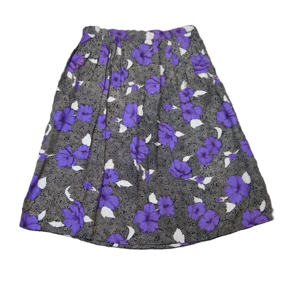 Vtg 80s 90s Pleated Midi Skirt 20 Black Purple Floral Dot Cottage Whimsigoth USA